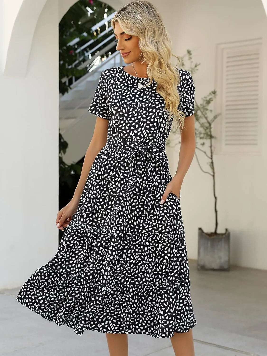 Lyrur Women's Dresses Casual Summer Tiered Midi Dress Short Sleeve Belted Ruffle Babydoll Boho Sundress with Pockets