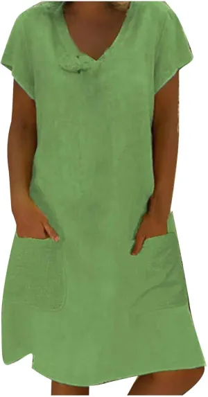 maisdgop Linen Shirt Dresses for Women Casual Summer V Neck Short Sleeve Midi Dress Plus Size Solid Color Beach Sundress