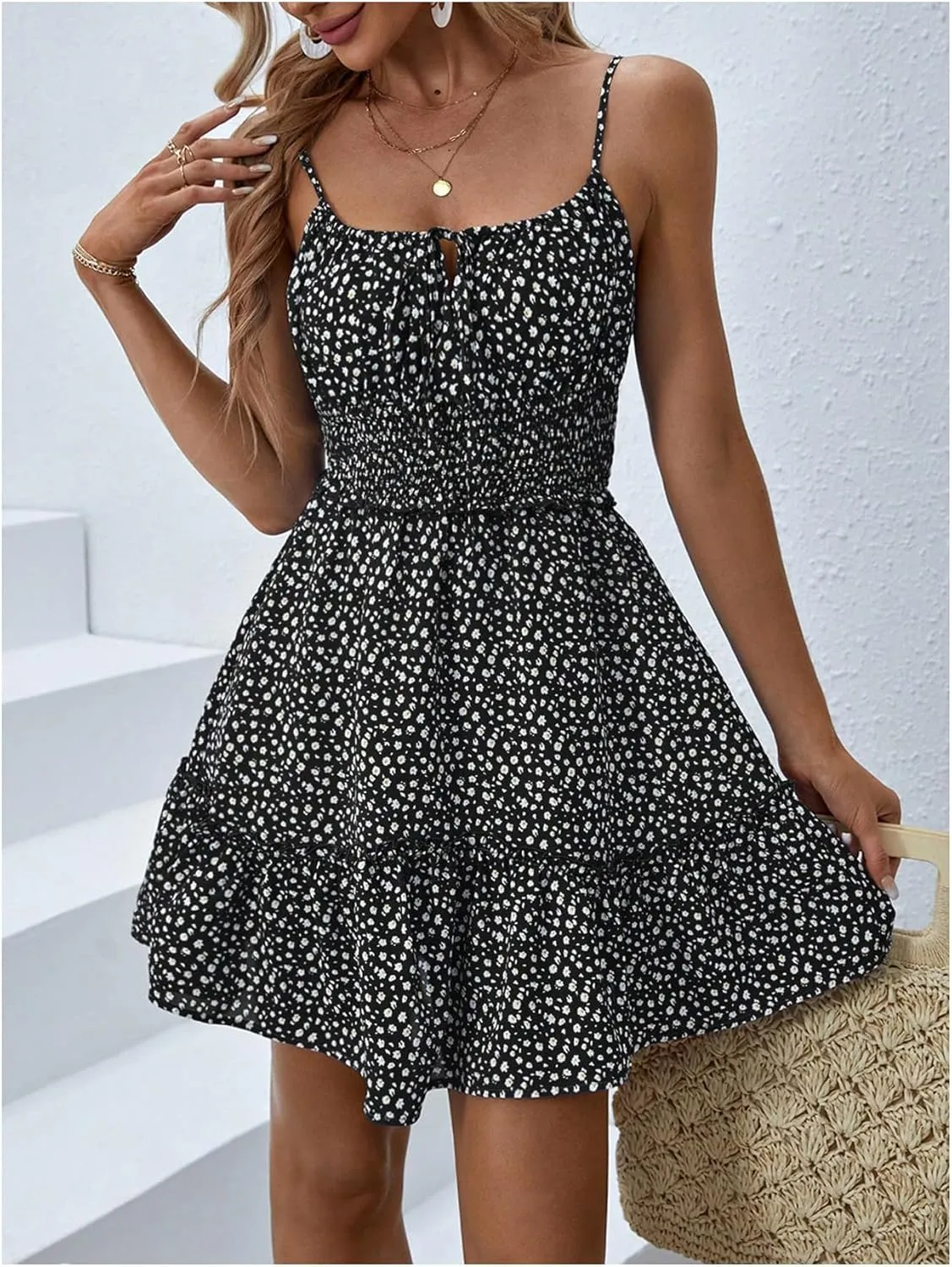 MakeMeChic Women's Ditsy Floral High Waist Ruffle Hem Tie Front Shirred Short A Line Mini Dresses