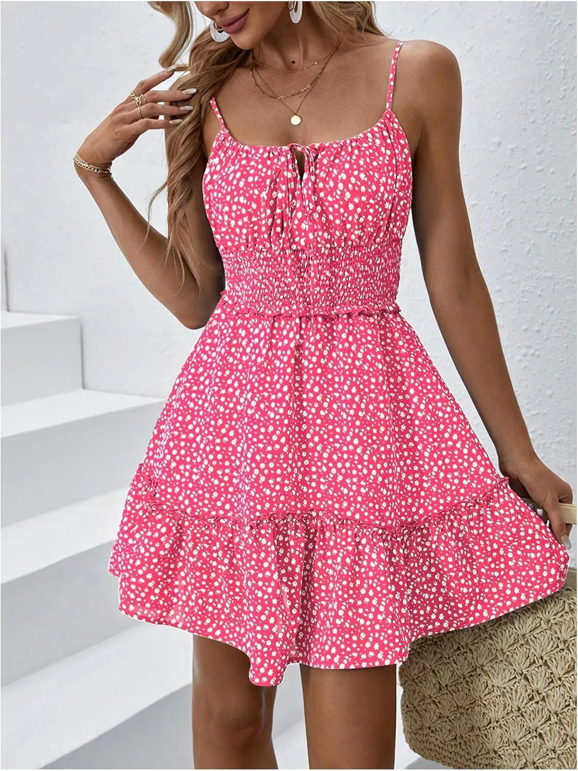MakeMeChic Women's Ditsy Floral High Waist Ruffle Hem Tie Front Shirred Short A Line Mini Dresses