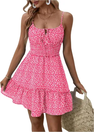 MakeMeChic Women's Ditsy Floral High Waist Ruffle Hem Tie Front Shirred Short A Line Mini Dresses