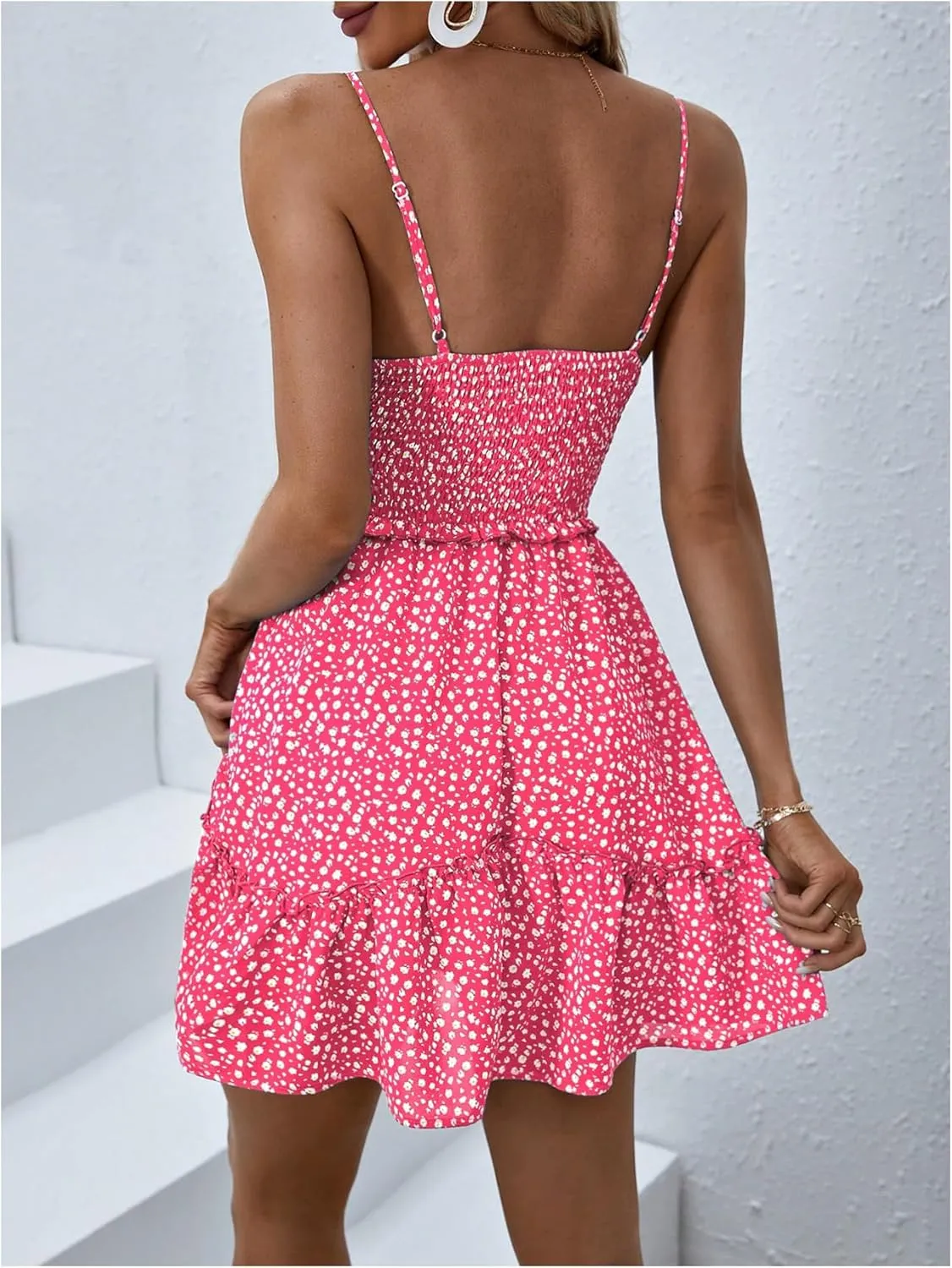 MakeMeChic Women's Ditsy Floral High Waist Ruffle Hem Tie Front Shirred Short A Line Mini Dresses