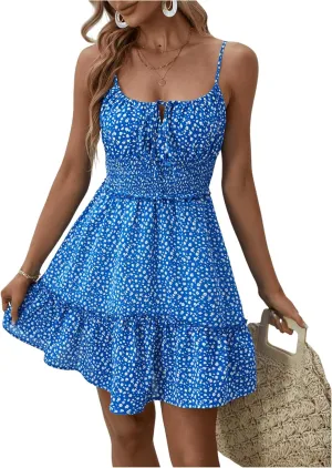 MakeMeChic Women's Ditsy Floral High Waist Ruffle Hem Tie Front Shirred Short A Line Mini Dresses