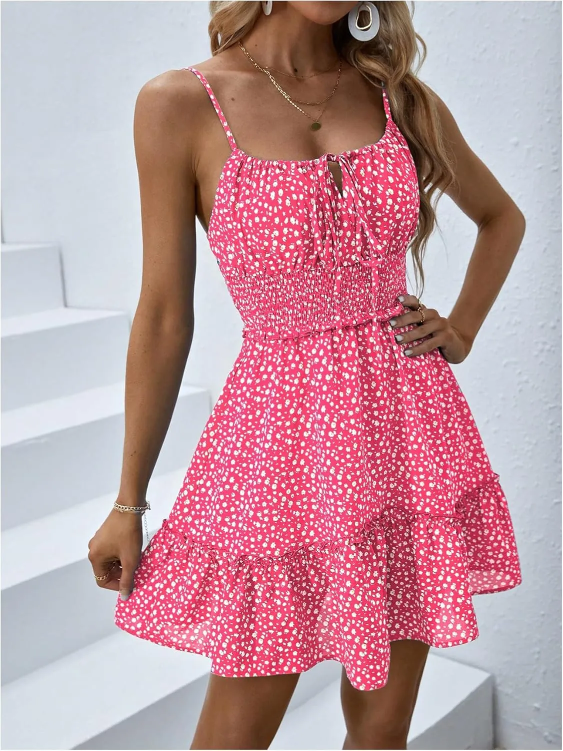 MakeMeChic Women's Ditsy Floral High Waist Ruffle Hem Tie Front Shirred Short A Line Mini Dresses