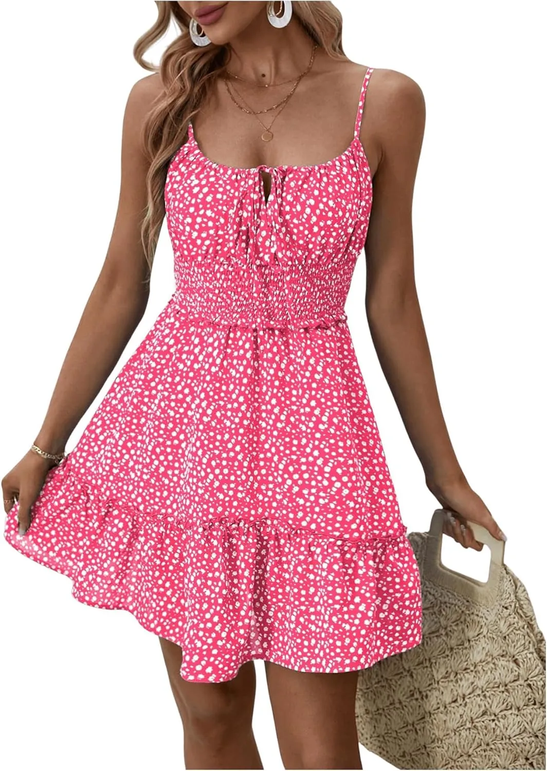 MakeMeChic Women's Ditsy Floral High Waist Ruffle Hem Tie Front Shirred Short A Line Mini Dresses