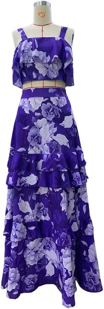 Mandonce 2 Piece Skirt Sets for Women Floral Printed Halter Crop Top Ruffle Maxi Skirt Set Sexy Dresses for Women