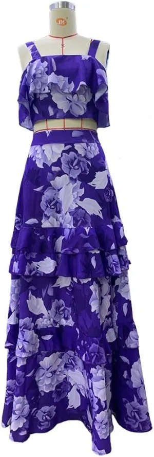 Mandonce 2 Piece Skirt Sets for Women Floral Printed Halter Crop Top Ruffle Maxi Skirt Set Sexy Dresses for Women