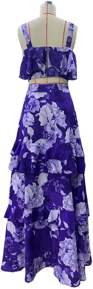 Mandonce 2 Piece Skirt Sets for Women Floral Printed Halter Crop Top Ruffle Maxi Skirt Set Sexy Dresses for Women