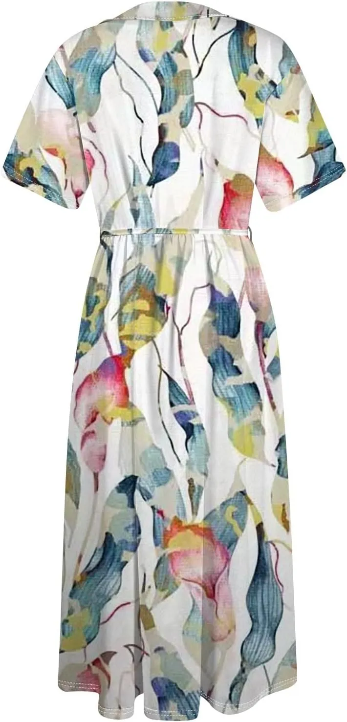 Maxi Dresses for Women 2025 Flowy Spring Summer Button Front Tie Swing Maxi Dress