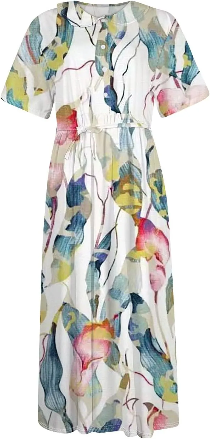 Maxi Dresses for Women 2025 Flowy Spring Summer Button Front Tie Swing Maxi Dress
