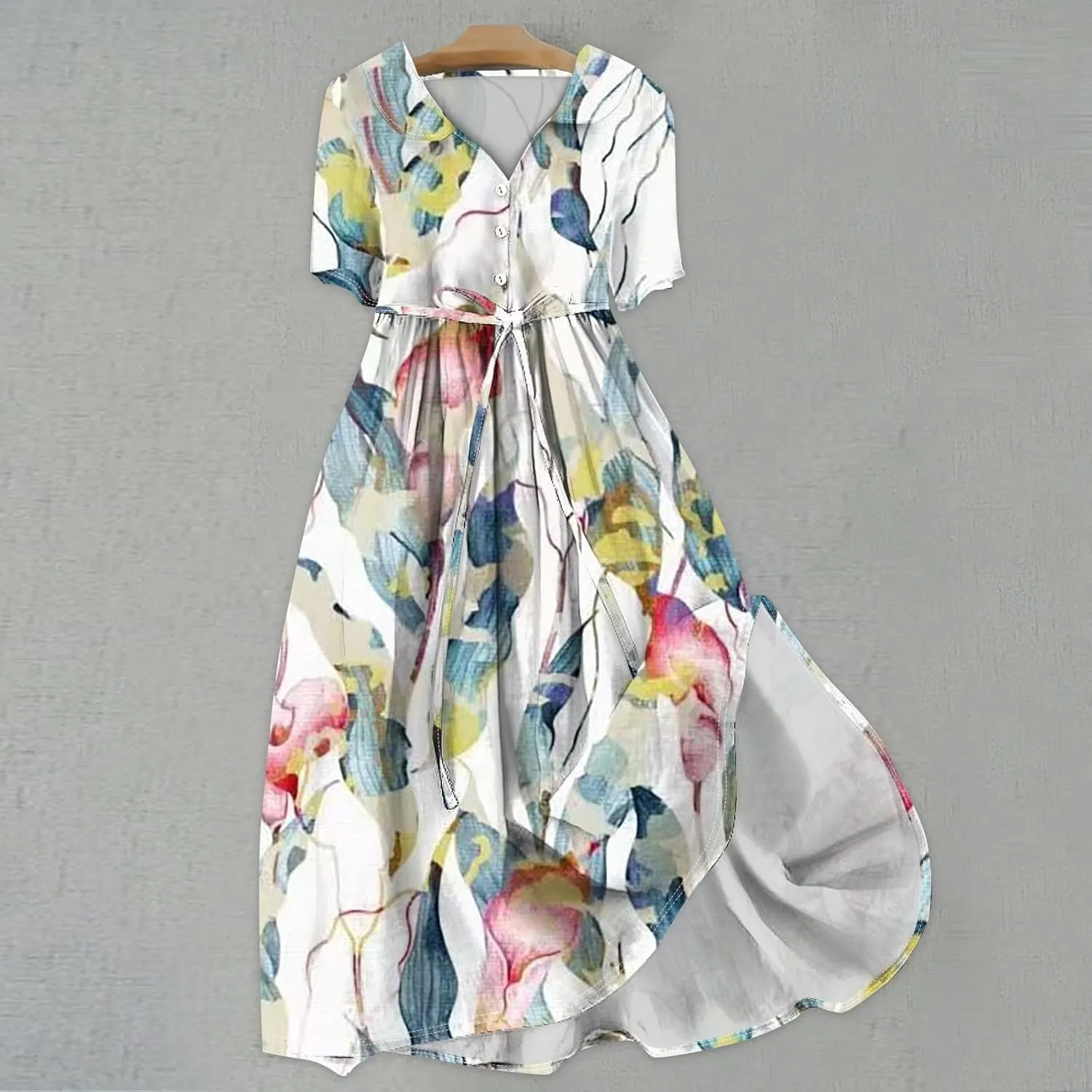 Maxi Dresses for Women 2025 Flowy Spring Summer Button Front Tie Swing Maxi Dress