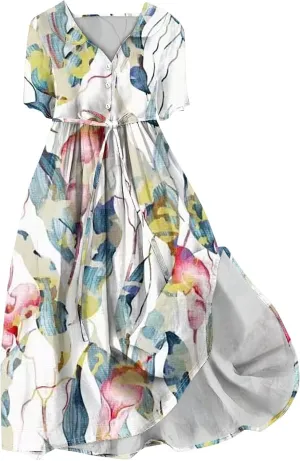 Maxi Dresses for Women 2025 Flowy Spring Summer Button Front Tie Swing Maxi Dress
