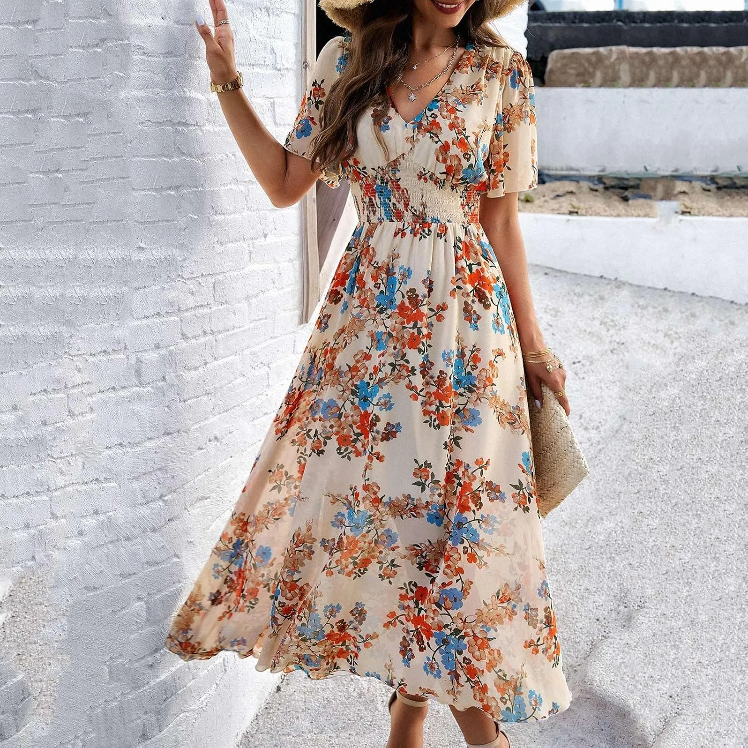 Maxi Dresses for Women 2025 Maxi Dresses for Women 2025 Flowy Ruffle Short Sleeve Waist