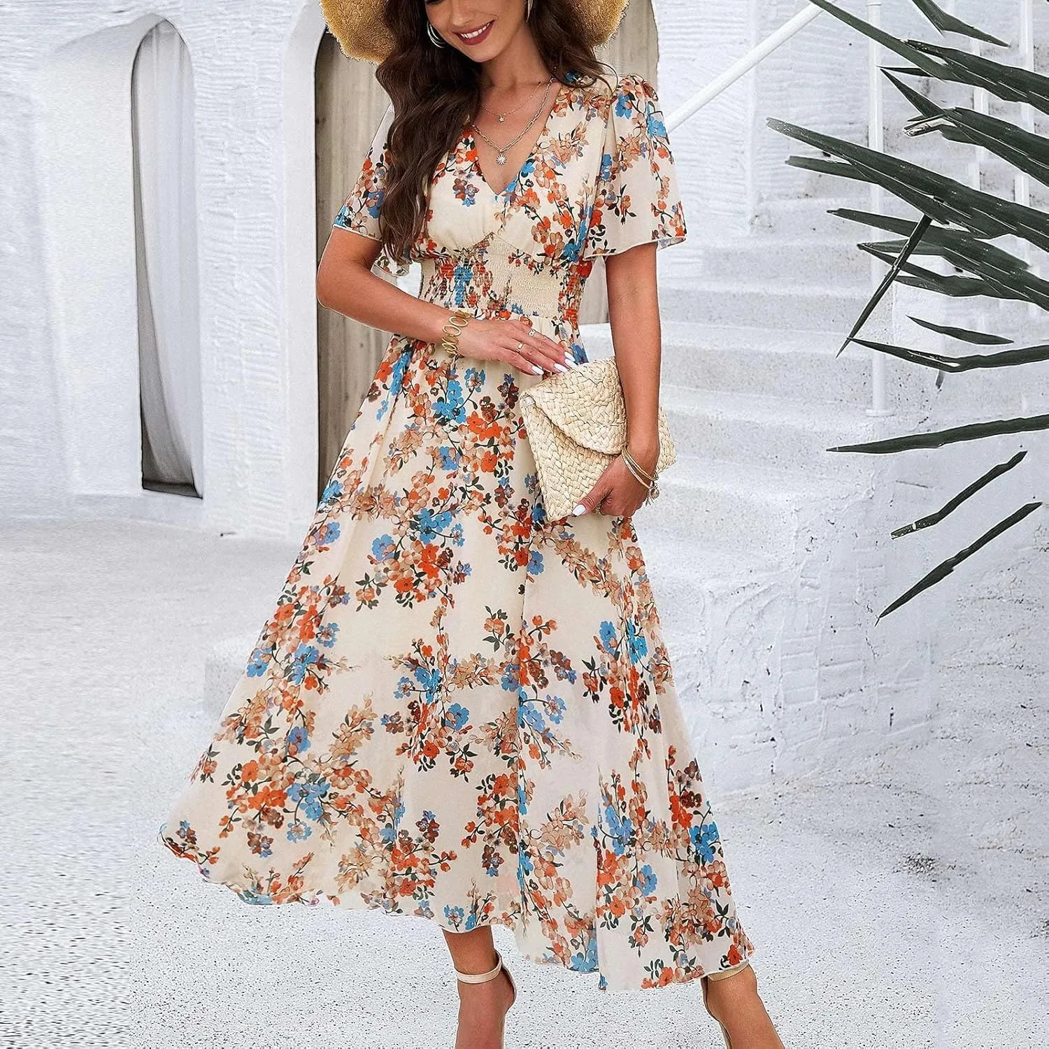 Maxi Dresses for Women 2025 Maxi Dresses for Women 2025 Flowy Ruffle Short Sleeve Waist
