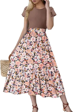 Maxi Dresses for Women 2025 Short Sleeve Empire Waist Floral Dress Trendy Flowy Tiered Ruffle Long Summer Dresses