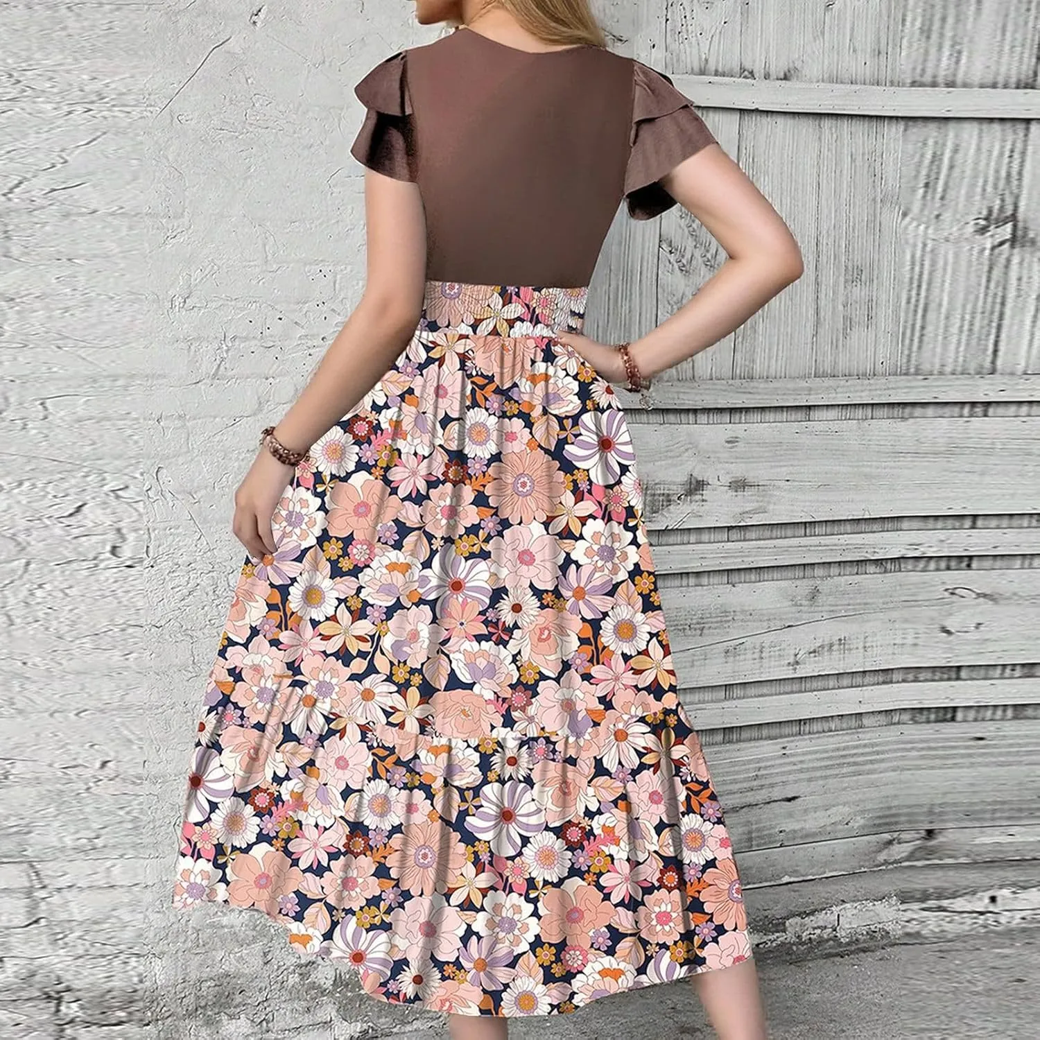 Maxi Dresses for Women 2025 Short Sleeve Empire Waist Floral Dress Trendy Flowy Tiered Ruffle Long Summer Dresses