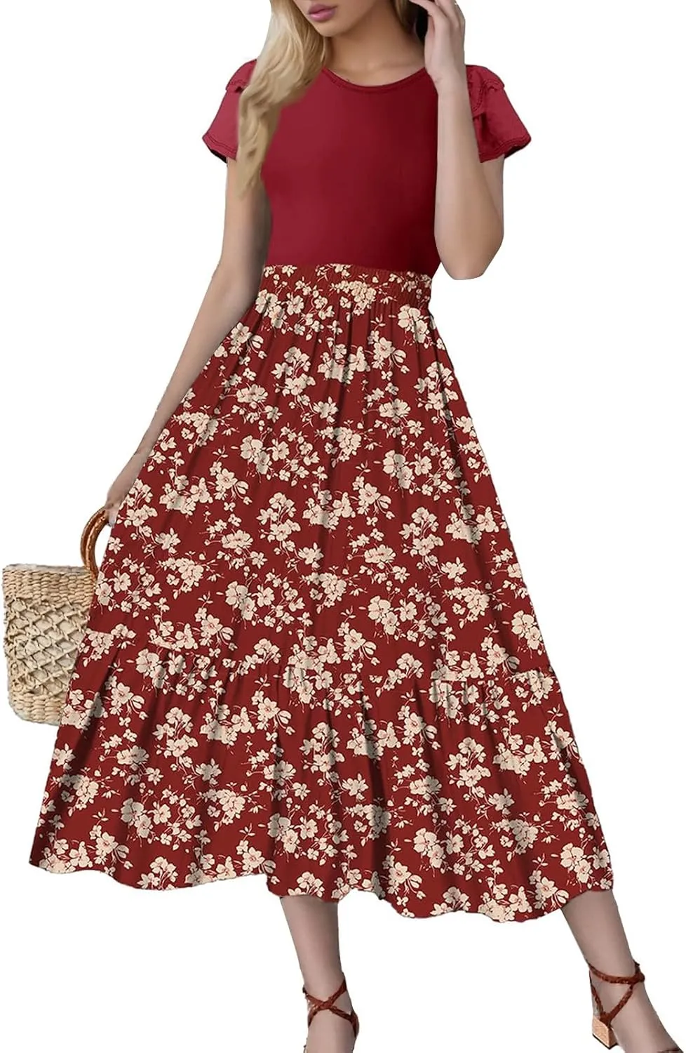 Maxi Dresses for Women 2025 Short Sleeve Empire Waist Floral Dress Trendy Flowy Tiered Ruffle Long Summer Dresses