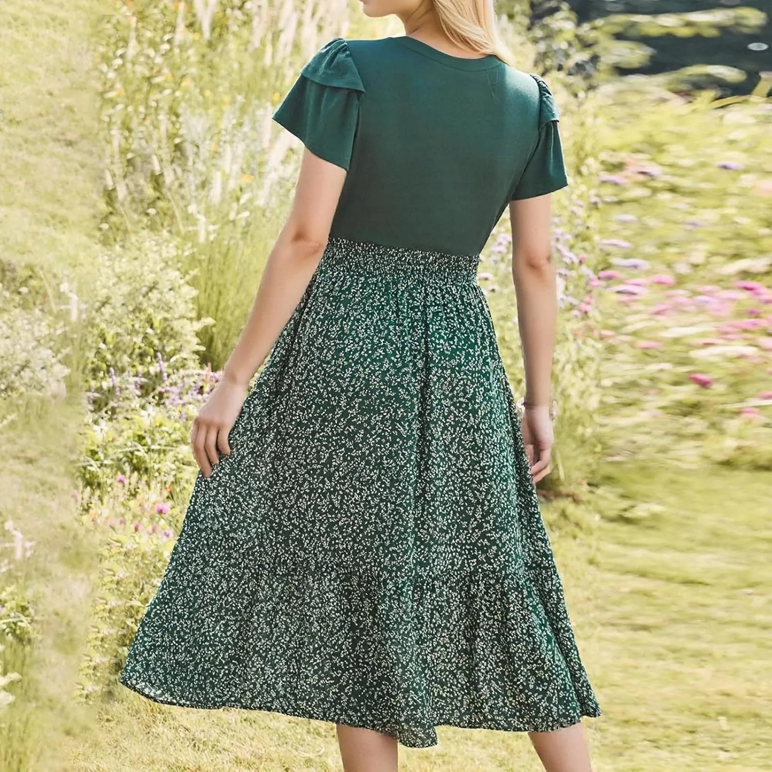 Maxi Dresses for Women 2025 Short Sleeve Empire Waist Floral Dress Trendy Flowy Tiered Ruffle Long Summer Dresses