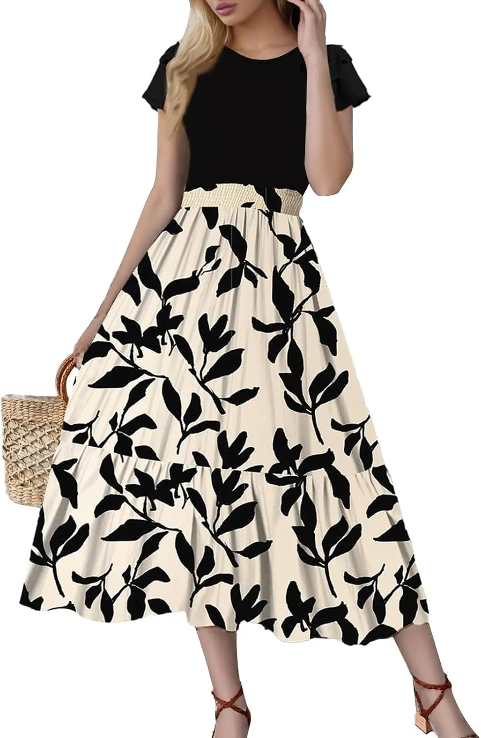 Maxi Dresses for Women 2025 Short Sleeve Empire Waist Floral Dress Trendy Flowy Tiered Ruffle Long Summer Dresses