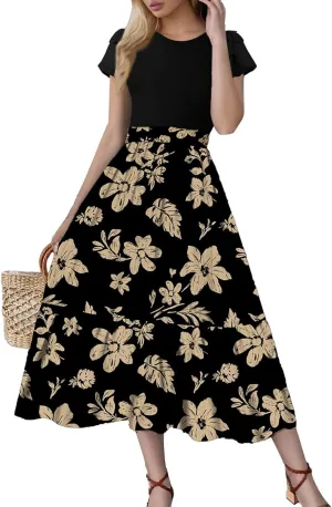 Maxi Dresses for Women 2025 Short Sleeve Empire Waist Floral Dress Trendy Flowy Tiered Ruffle Long Summer Dresses