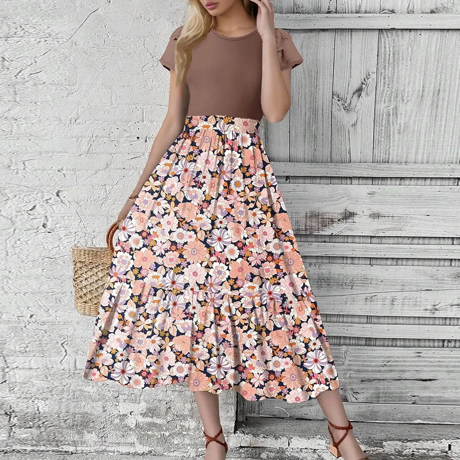 Maxi Dresses for Women 2025 Short Sleeve Empire Waist Floral Dress Trendy Flowy Tiered Ruffle Long Summer Dresses