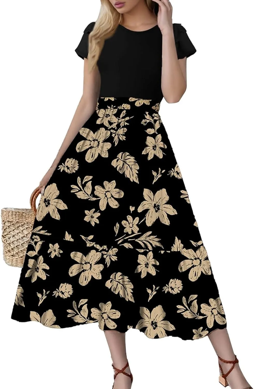 Maxi Dresses for Women 2025 Short Sleeve Empire Waist Floral Dress Trendy Flowy Tiered Ruffle Long Summer Dresses