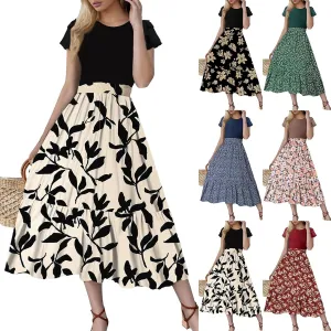 Maxi Dresses for Women 2025 Short Sleeve Empire Waist Floral Dress Trendy Flowy Tiered Ruffle Long Summer Dresses