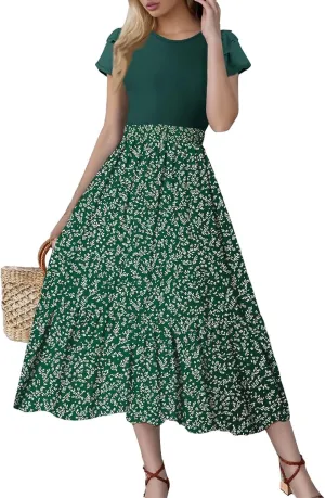 Maxi Dresses for Women 2025 Short Sleeve Empire Waist Floral Dress Trendy Flowy Tiered Ruffle Long Summer Dresses