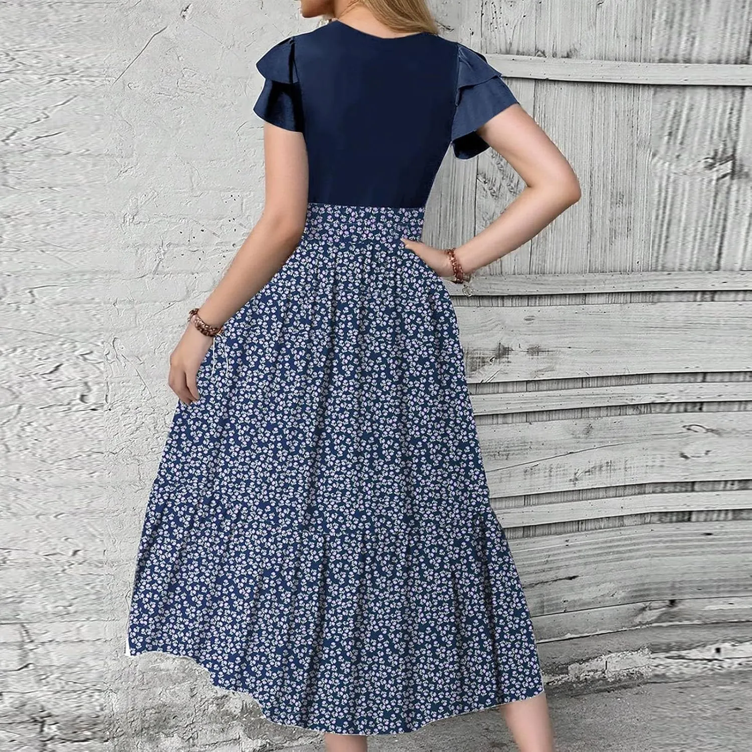 Maxi Dresses for Women 2025 Short Sleeve Empire Waist Floral Dress Trendy Flowy Tiered Ruffle Long Summer Dresses