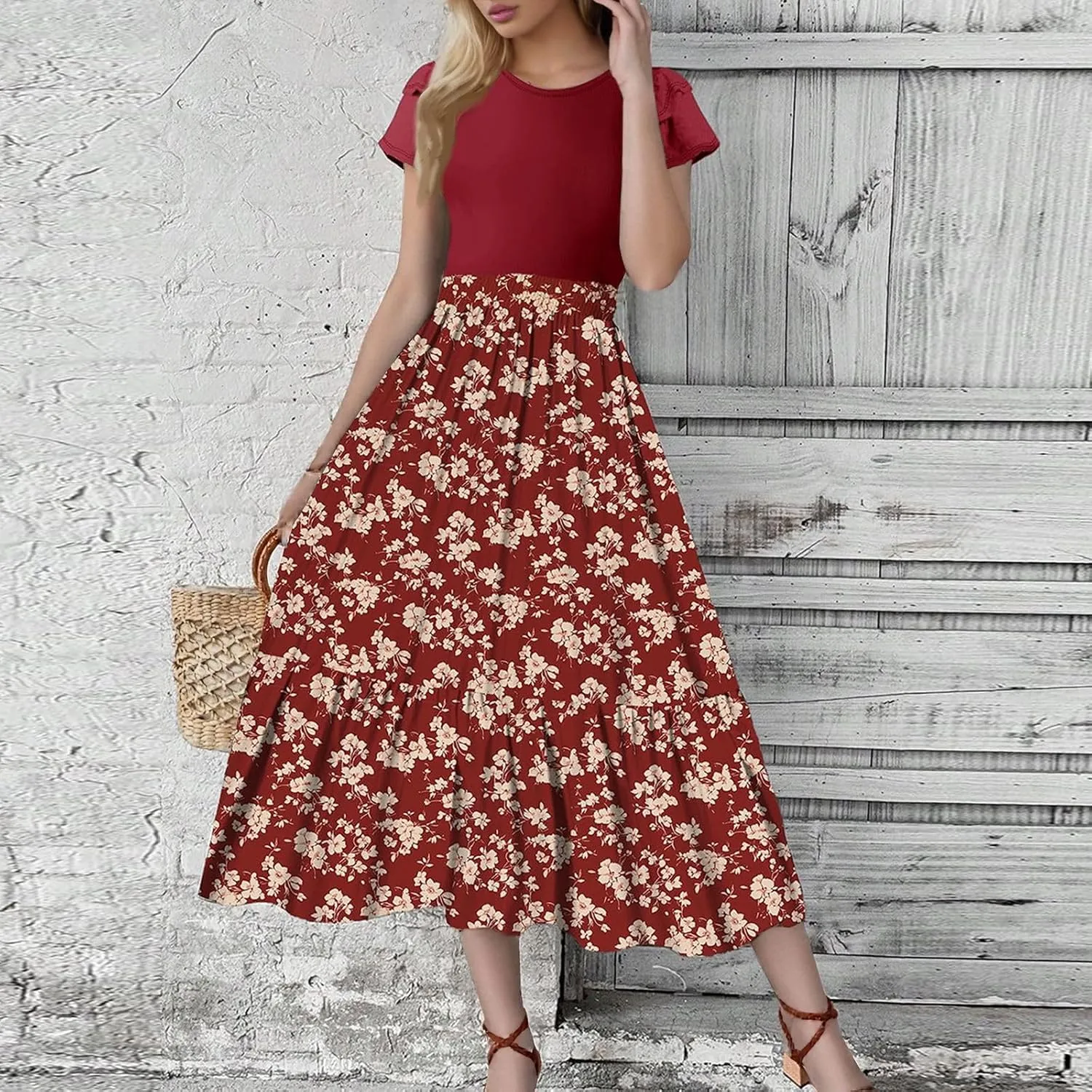 Maxi Dresses for Women 2025 Short Sleeve Empire Waist Floral Dress Trendy Flowy Tiered Ruffle Long Summer Dresses