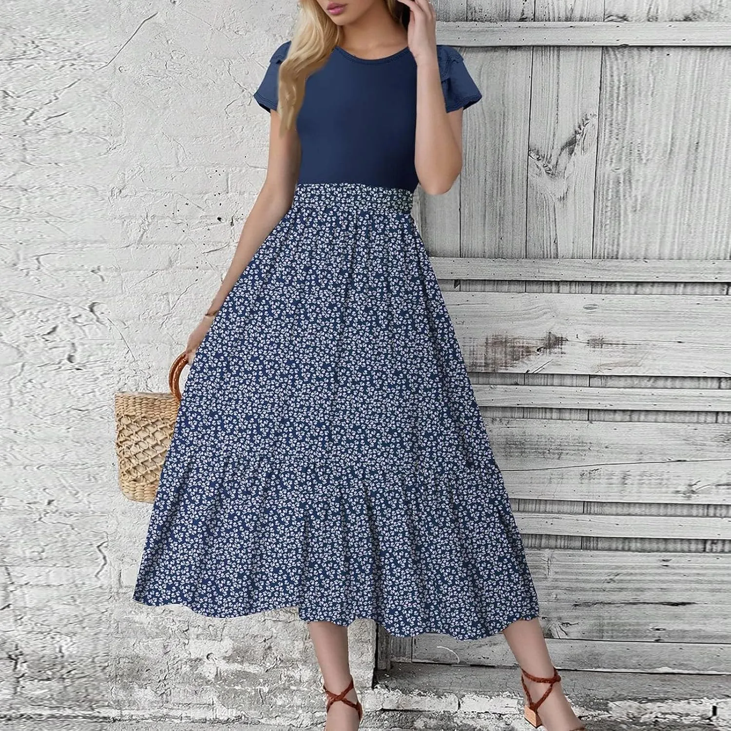 Maxi Dresses for Women 2025 Short Sleeve Empire Waist Floral Dress Trendy Flowy Tiered Ruffle Long Summer Dresses