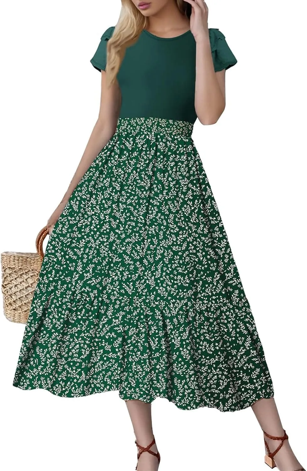 Maxi Dresses for Women 2025 Short Sleeve Empire Waist Floral Dress Trendy Flowy Tiered Ruffle Long Summer Dresses