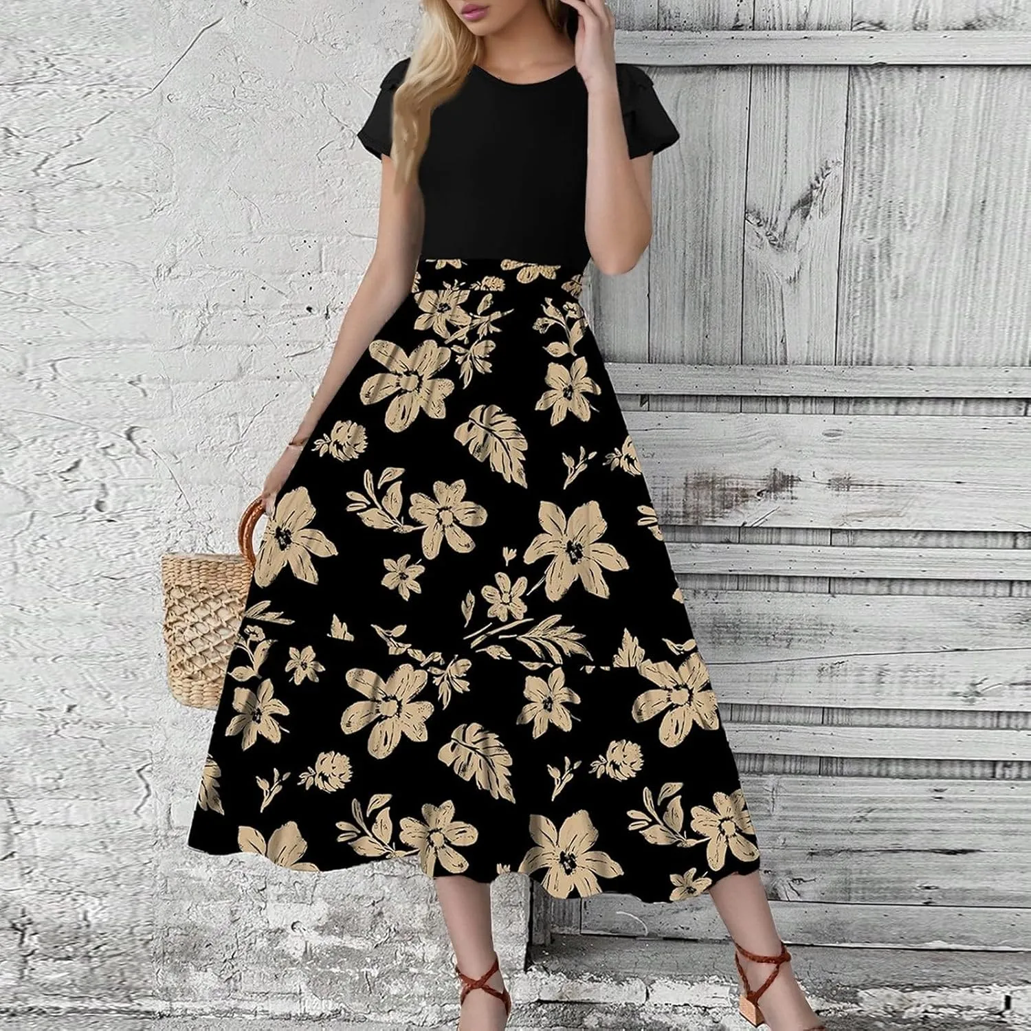 Maxi Dresses for Women 2025 Short Sleeve Empire Waist Floral Dress Trendy Flowy Tiered Ruffle Long Summer Dresses