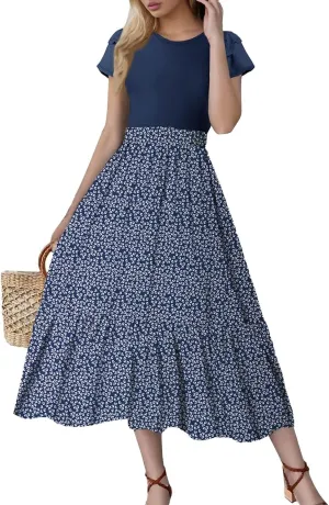 Maxi Dresses for Women 2025 Short Sleeve Empire Waist Floral Dress Trendy Flowy Tiered Ruffle Long Summer Dresses