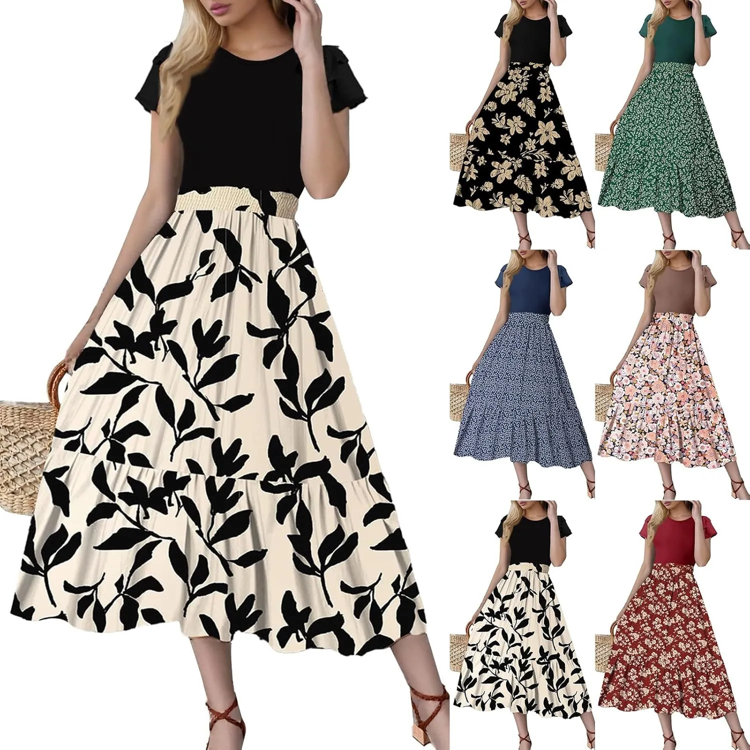 Maxi Dresses for Women 2025 Short Sleeve Empire Waist Floral Dress Trendy Flowy Tiered Ruffle Long Summer Dresses
