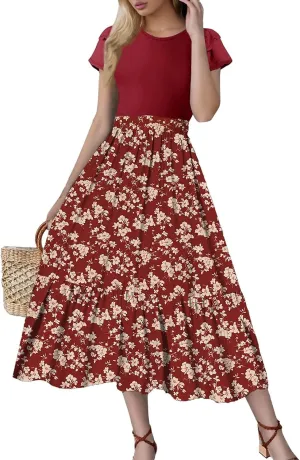 Maxi Dresses for Women 2025 Short Sleeve Empire Waist Floral Dress Trendy Flowy Tiered Ruffle Long Summer Dresses
