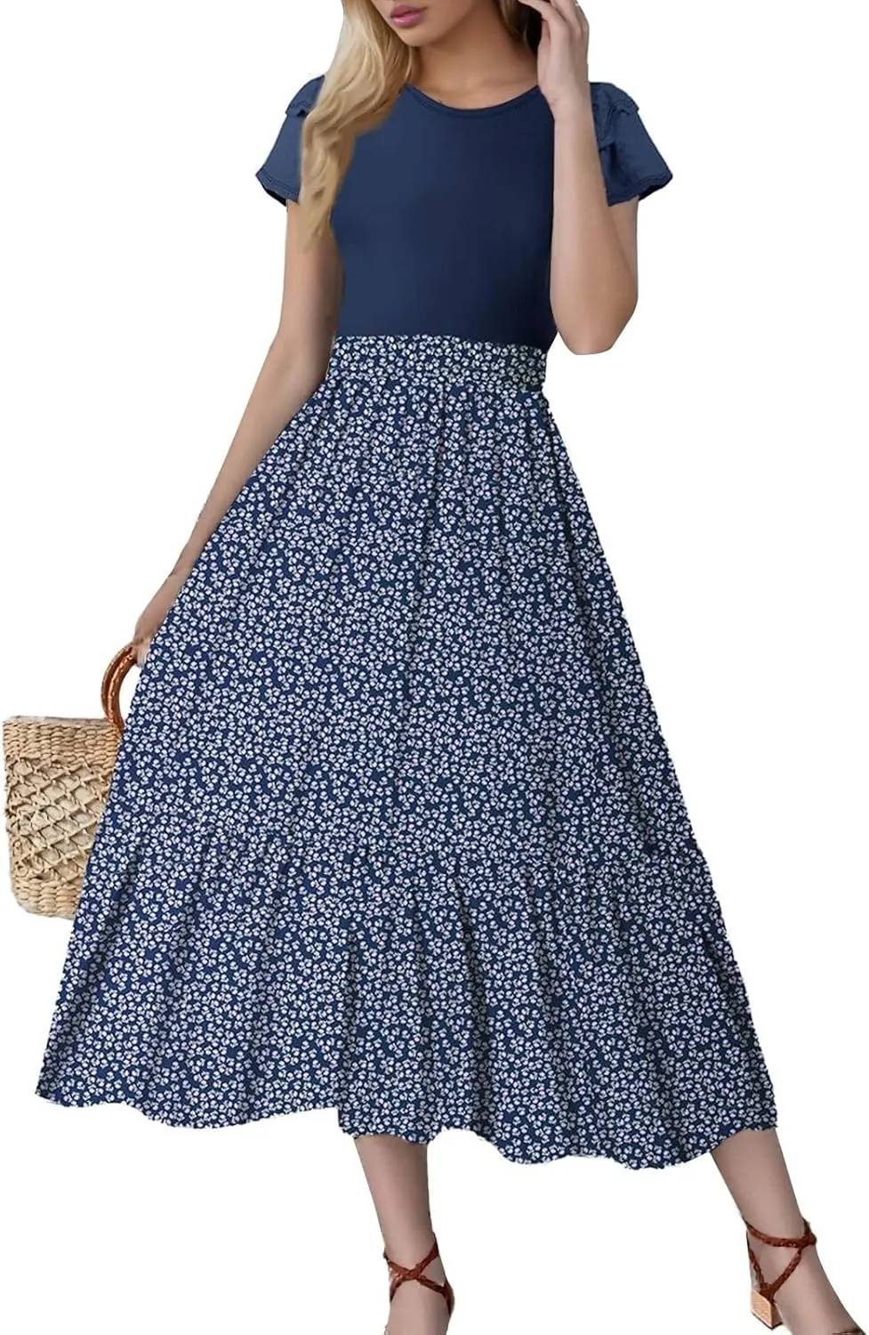 Maxi Dresses for Women 2025 Short Sleeve Empire Waist Floral Dress Trendy Flowy Tiered Ruffle Long Summer Dresses