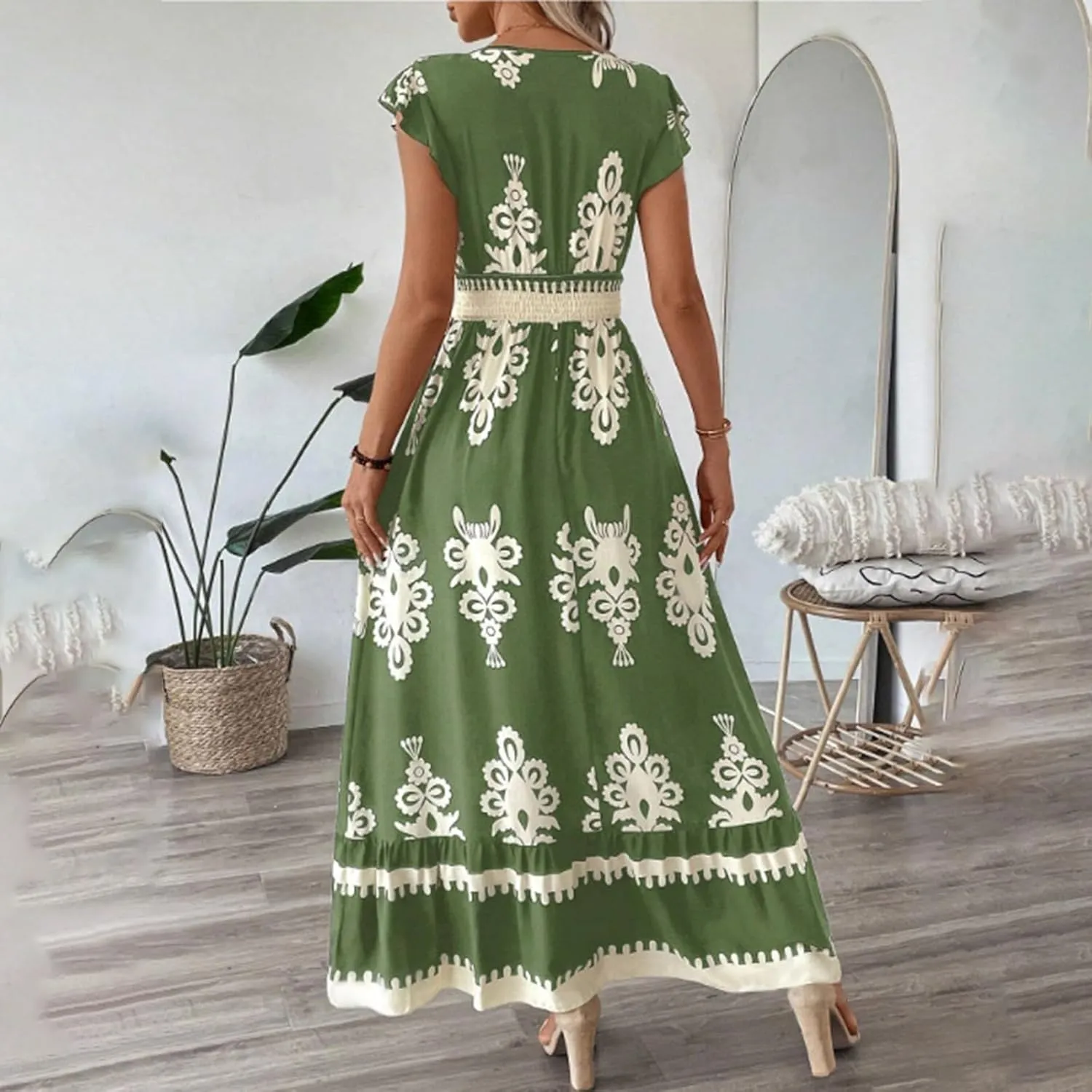 Maxi Dresses for Women 2025 Summer Boho Floral Cap Sleeve Wrap Dress Y2k Empire Waist V Neck Beach Vacation Sundress