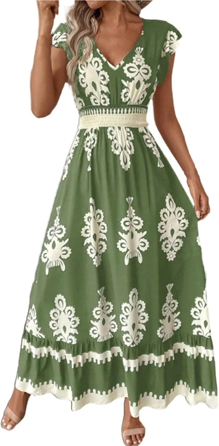 Maxi Dresses for Women 2025 Summer Boho Floral Cap Sleeve Wrap Dress Y2k Empire Waist V Neck Beach Vacation Sundress