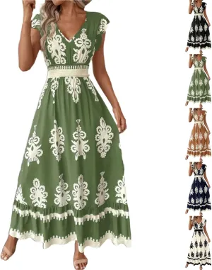 Maxi Dresses for Women 2025 Summer Boho Floral Cap Sleeve Wrap Dress Y2k Empire Waist V Neck Beach Vacation Sundress