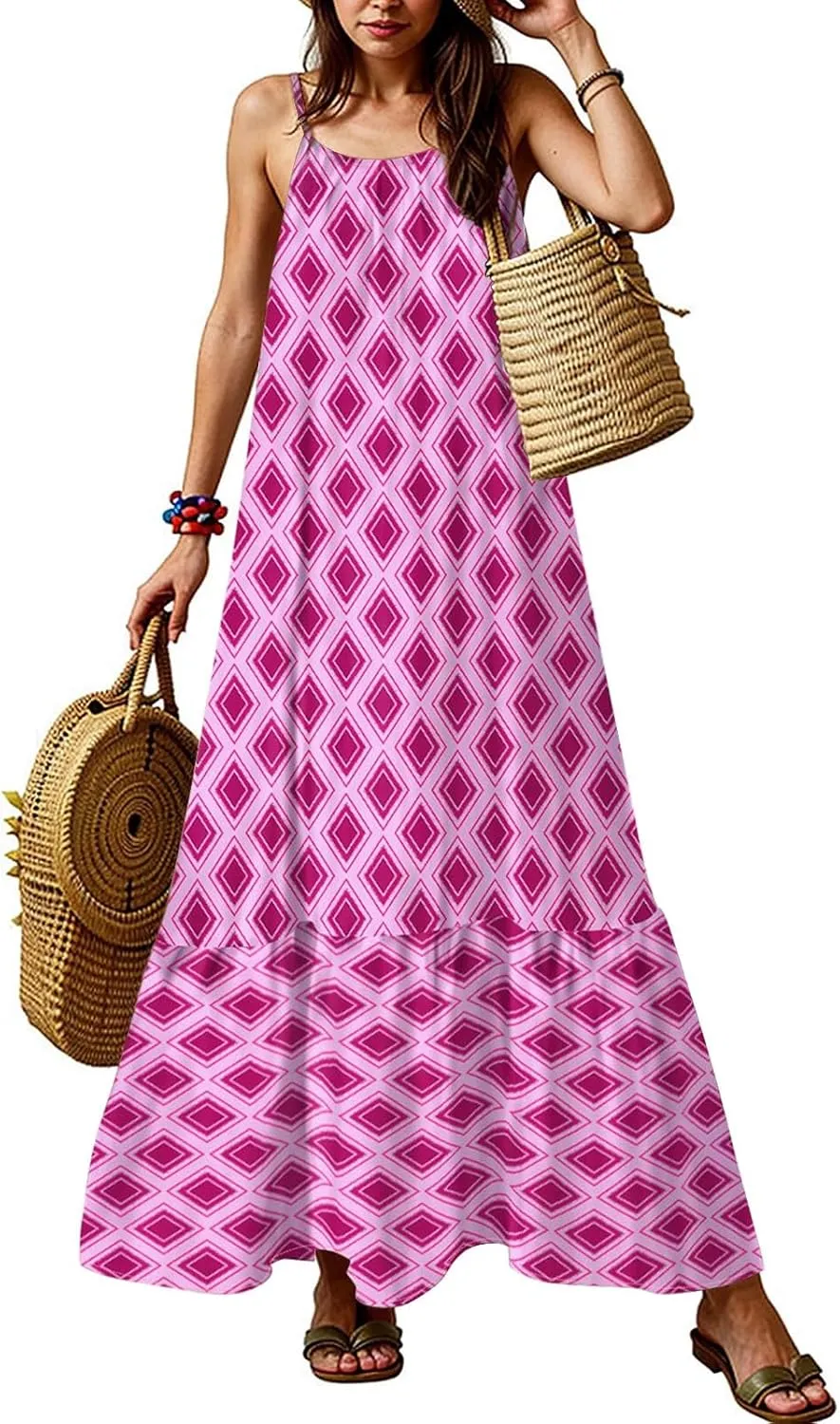 Maxi Dresses for Women 2025 Summer Boho Spaghetti Strap Maxi Dress Vintage Prin Long Dresses Casual Flowy Beach Dress