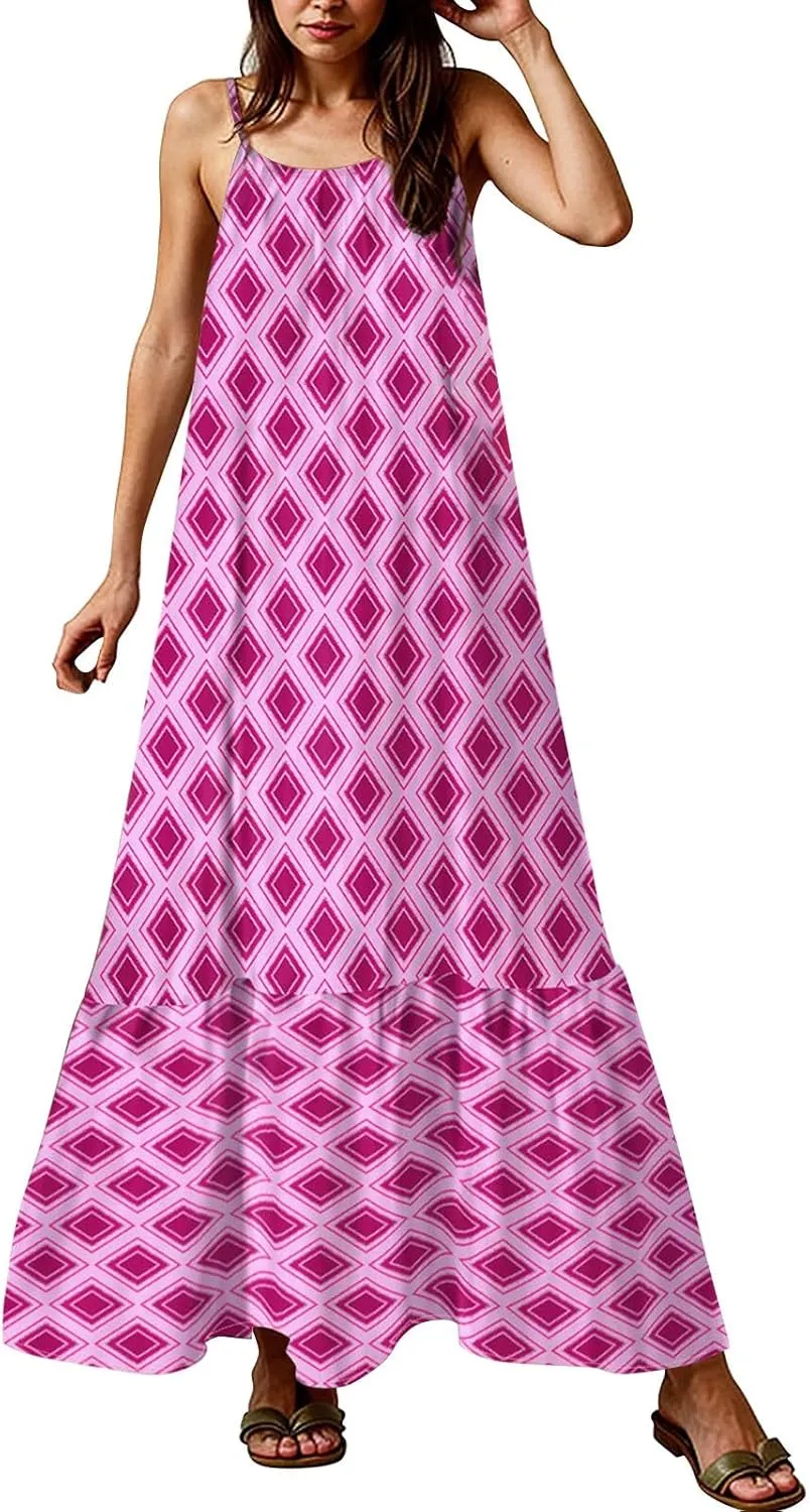 Maxi Dresses for Women 2025 Summer Boho Spaghetti Strap Maxi Dress Vintage Prin Long Dresses Casual Flowy Beach Dress
