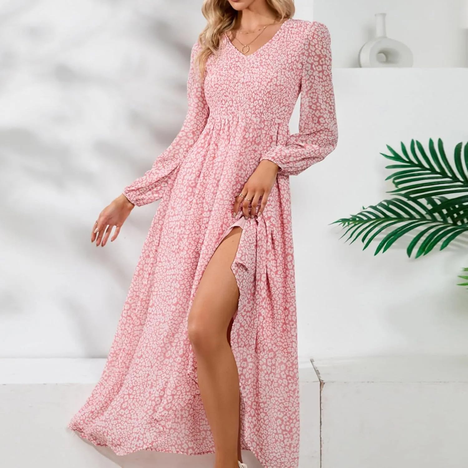Maxi Dresses for Women 2025 Summer Dresses Chiffon Dress Flowy High Slit Long Sleeve