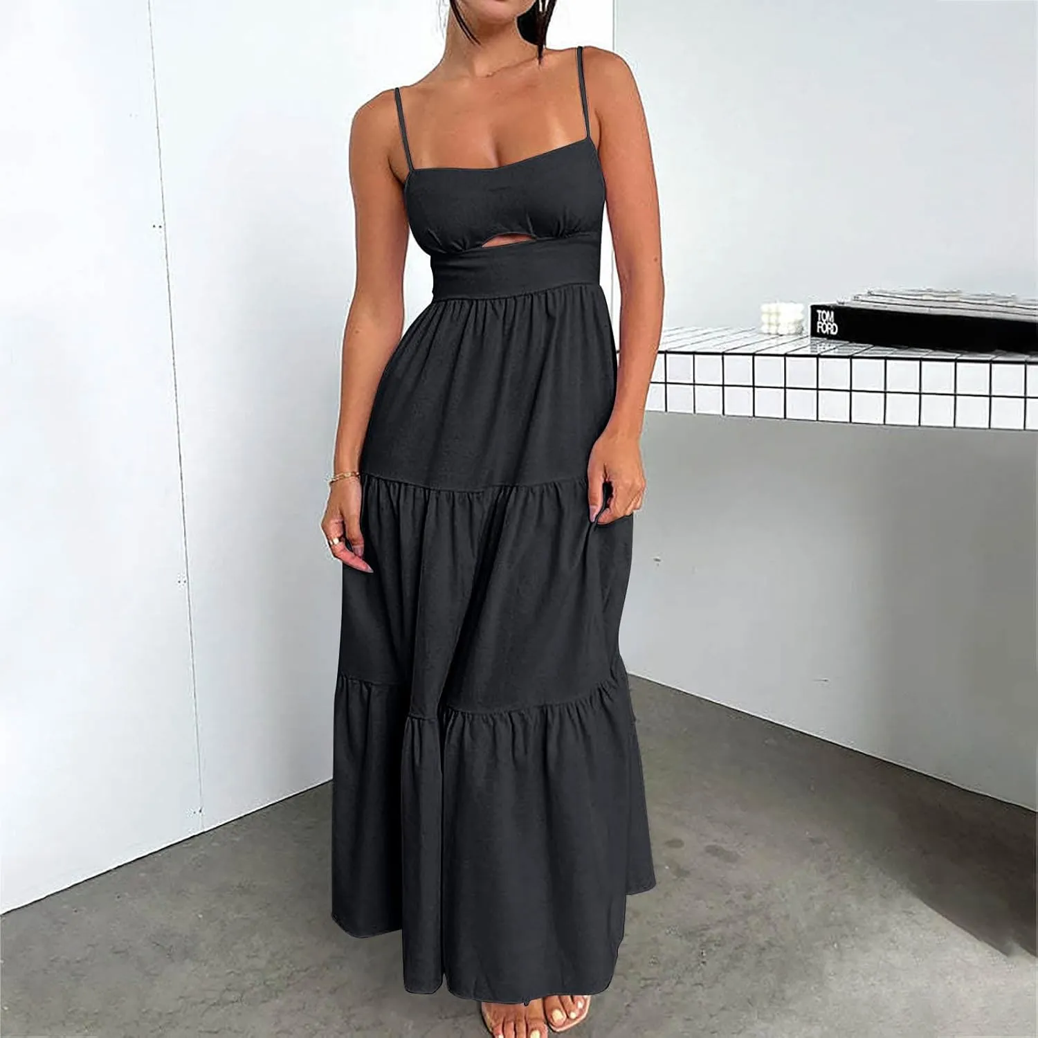 Maxi Dresses for Women Front Cutout Straps Elegant Wrap Dress Square Neck Sleeveless Flowy Ruffle Tiered Sun Dress