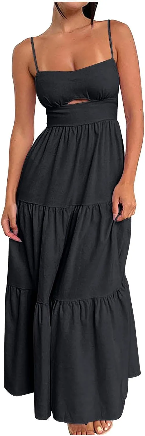 Maxi Dresses for Women Front Cutout Straps Elegant Wrap Dress Square Neck Sleeveless Flowy Ruffle Tiered Sun Dress