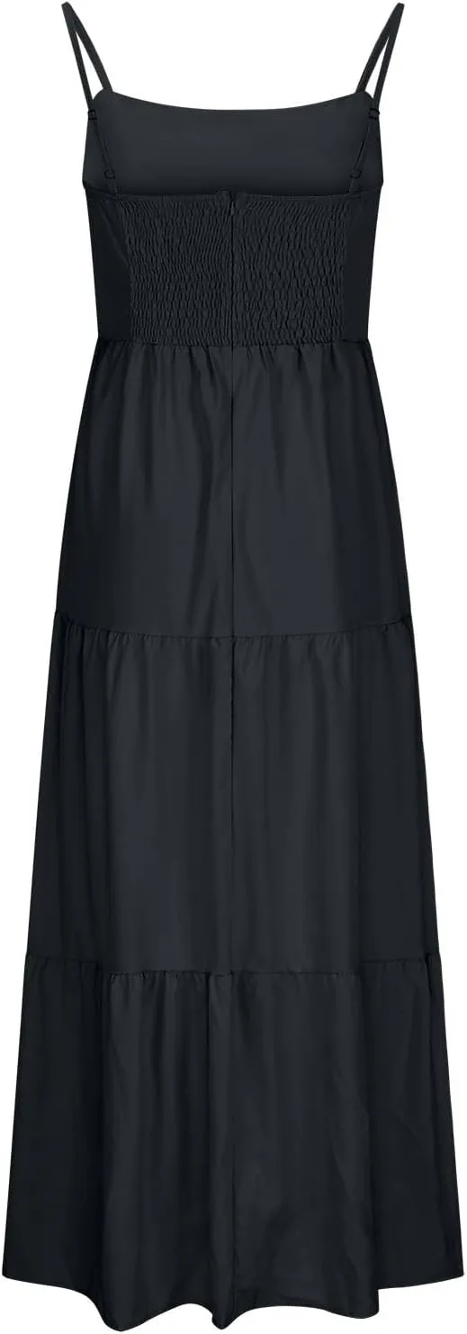 Maxi Dresses for Women Front Cutout Straps Elegant Wrap Dress Square Neck Sleeveless Flowy Ruffle Tiered Sun Dress