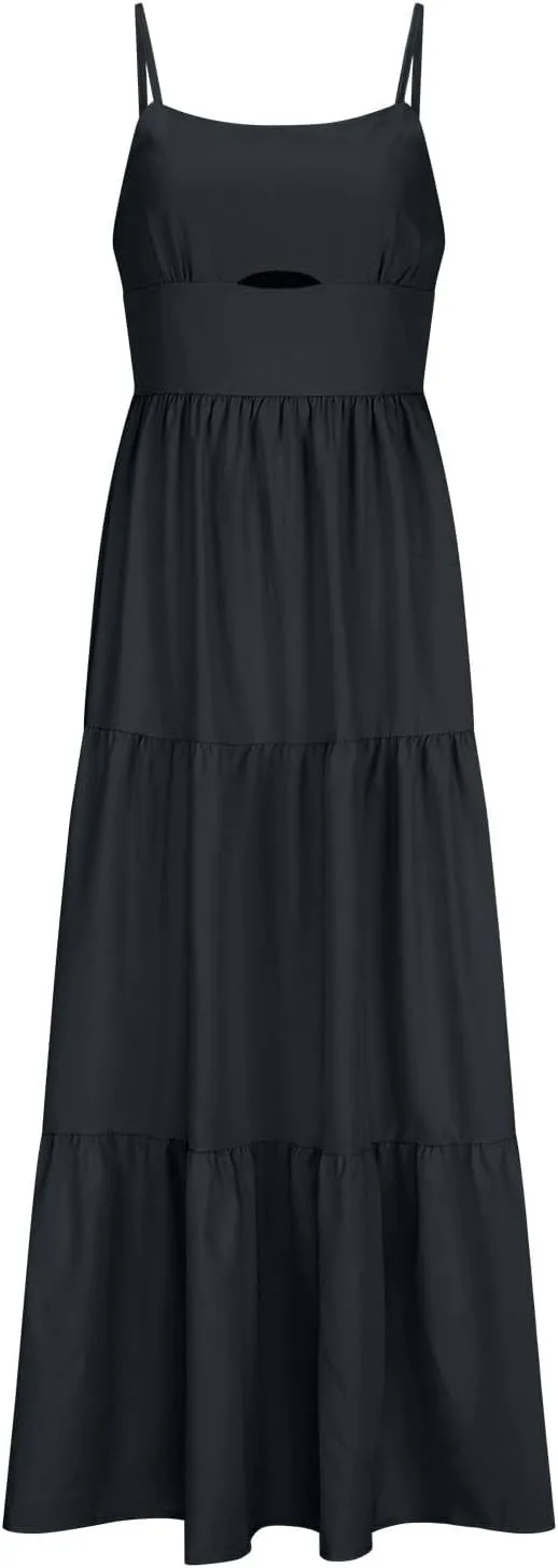 Maxi Dresses for Women Front Cutout Straps Elegant Wrap Dress Square Neck Sleeveless Flowy Ruffle Tiered Sun Dress