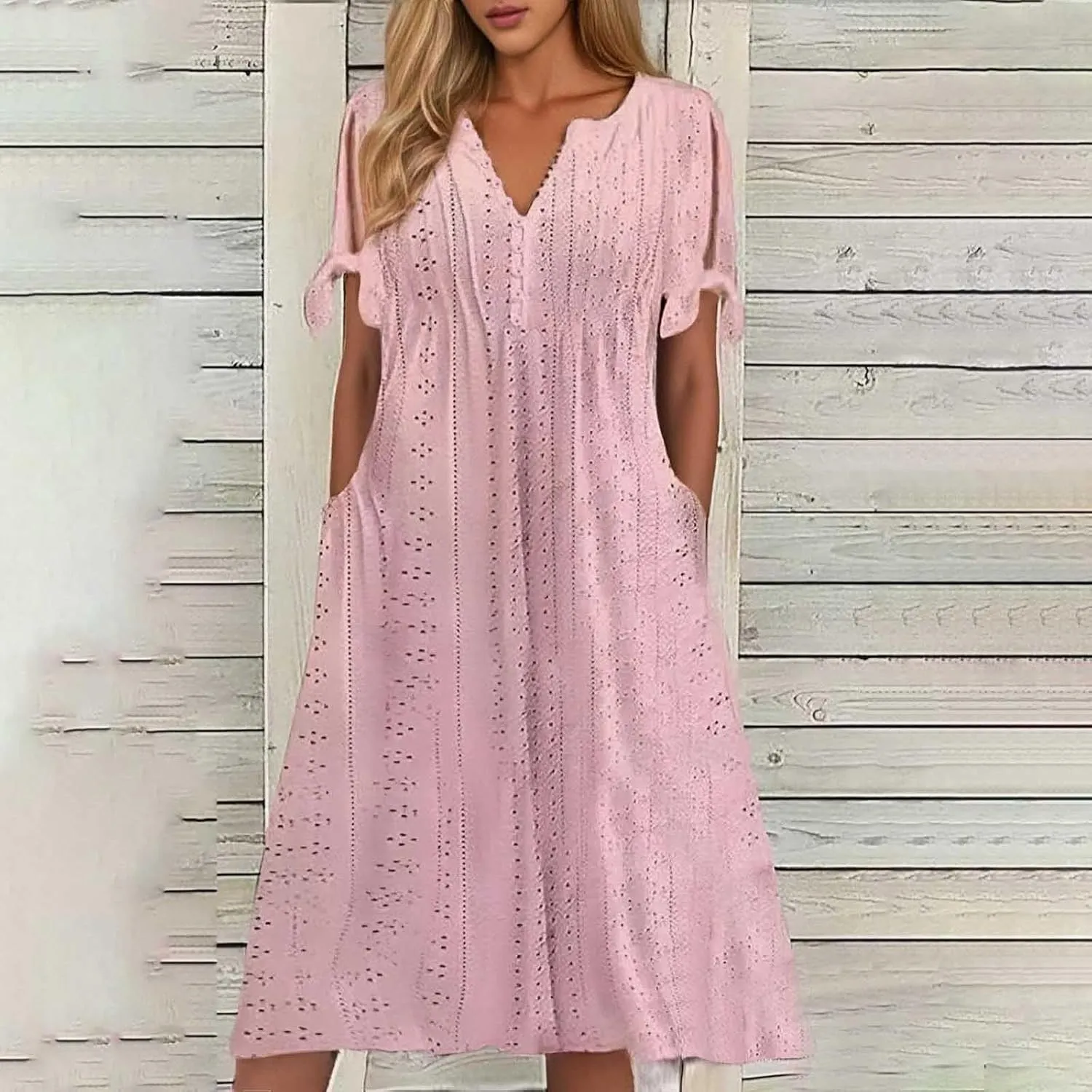 Maxi Long Dresses for Women 2025 Summer Casual V Neck Short Sleeve Eyelet Tshirt Dress Boho A Line Beach Vacation Sundress