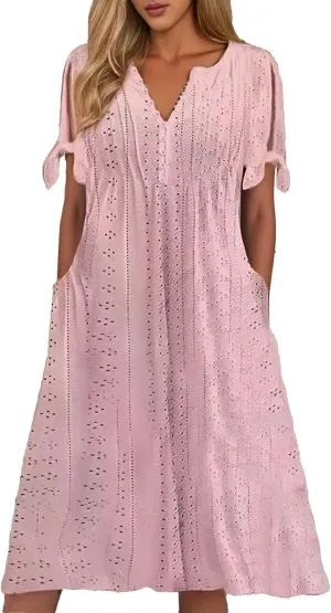 Maxi Long Dresses for Women 2025 Summer Casual V Neck Short Sleeve Eyelet Tshirt Dress Boho A Line Beach Vacation Sundress