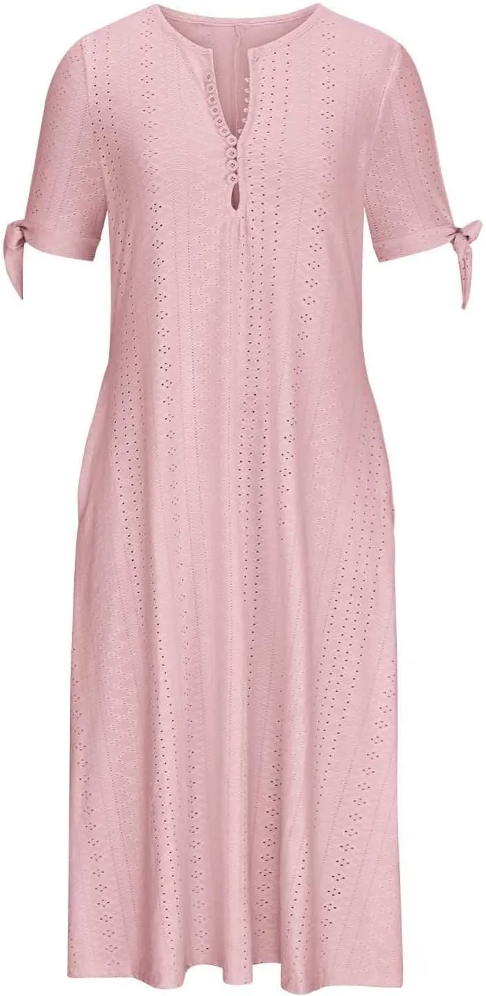 Maxi Long Dresses for Women 2025 Summer Casual V Neck Short Sleeve Eyelet Tshirt Dress Boho A Line Beach Vacation Sundress